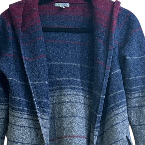 Horny Toad Women's Lambswool Hooded Cardigan Striped Blue Burgundy M Pockets - Picture 2 of 6